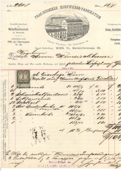 Originalrechnung, Prag-Rudniker Korbwarenfabrikation